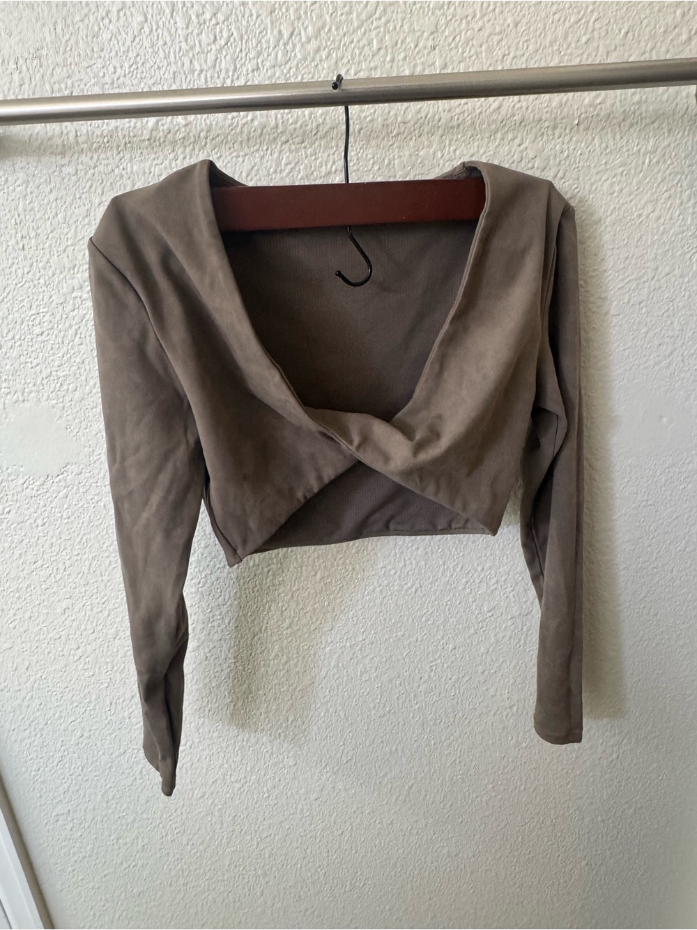 Taupe Wrap-Front Cropped Long Sleeve Top - Women